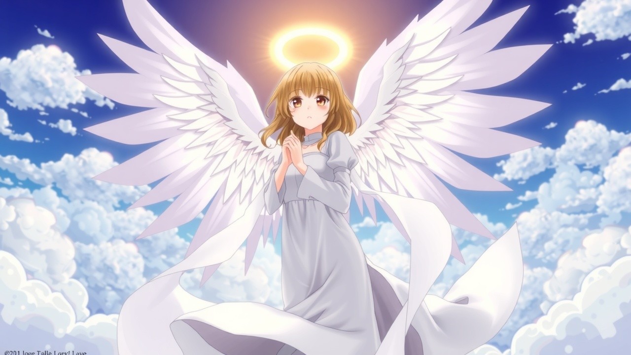 Angel anime character with large white wings, flowing white dress, golden halo, clouds background, divine lighting, peaceful expression