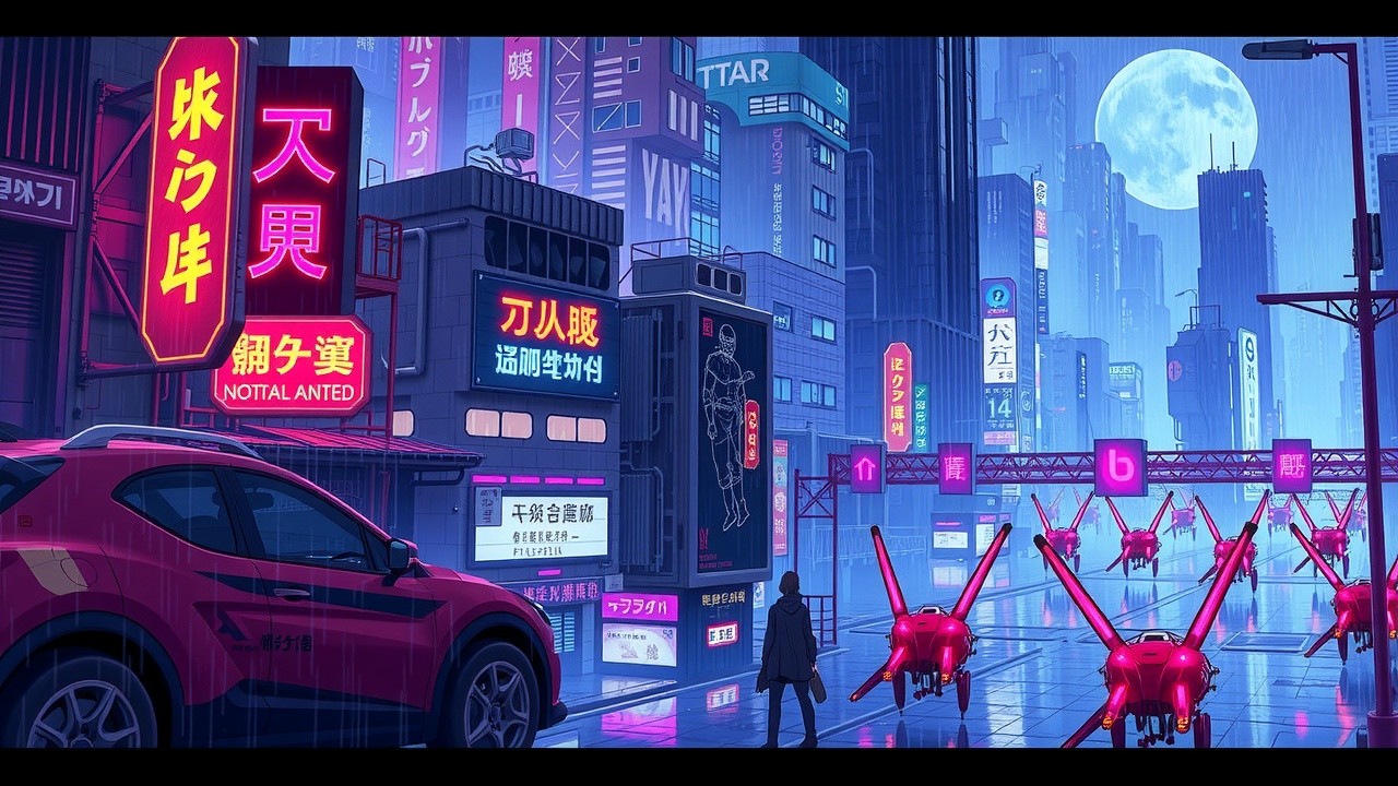Anime landscape, futuristic cyberpunk city at night, neon signs, rain reflections, flying cars, purple and cyan color scheme, detailed architecture