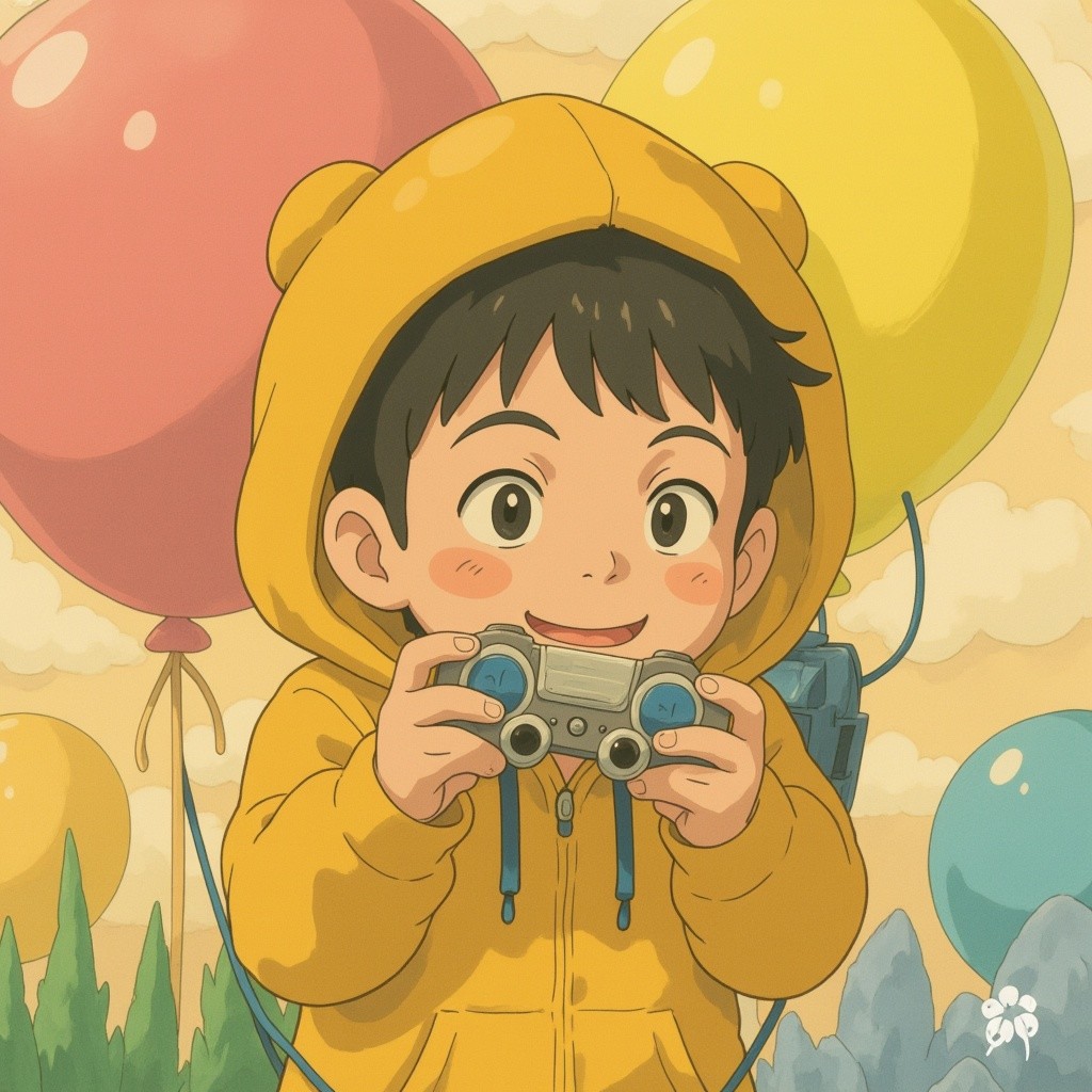 Chibi anime boy, oversized hoodie, gaming controller, excited expression, colorful geometric background, super deformed style