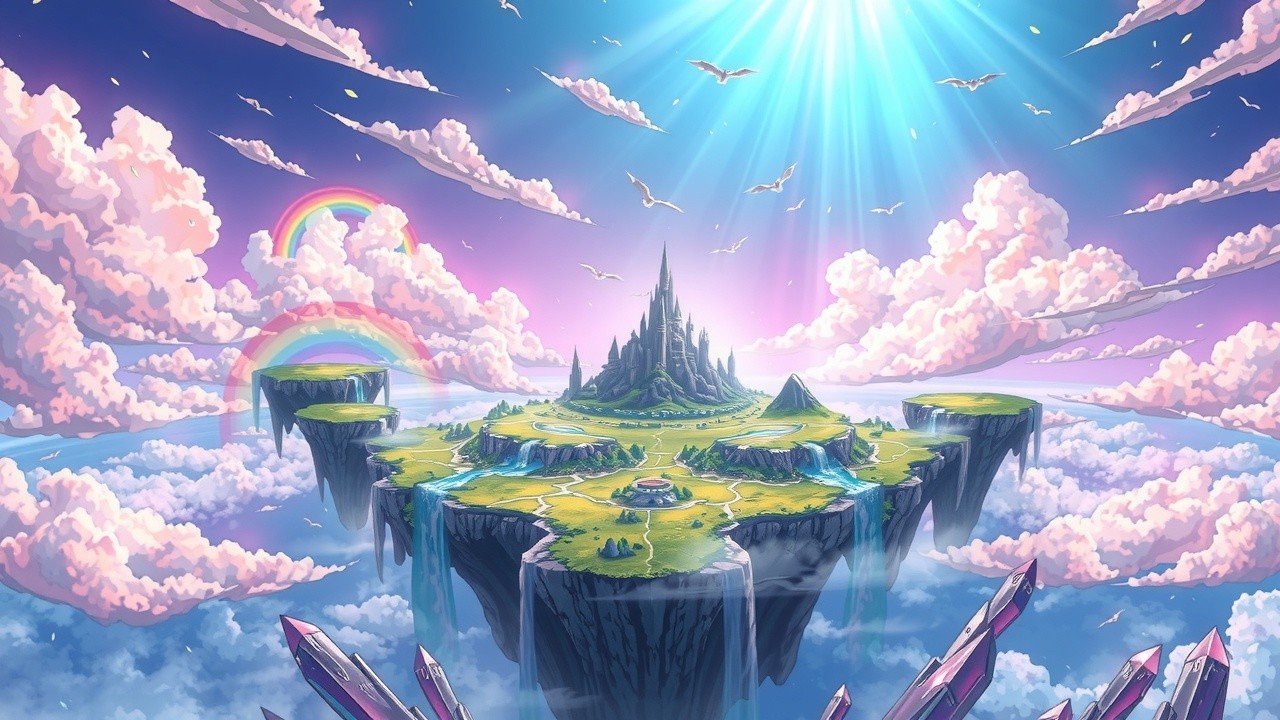 Fantasy anime background, floating islands in sky, waterfalls, magical crystals, rainbow light effects, dreamy clouds, vibrant colors