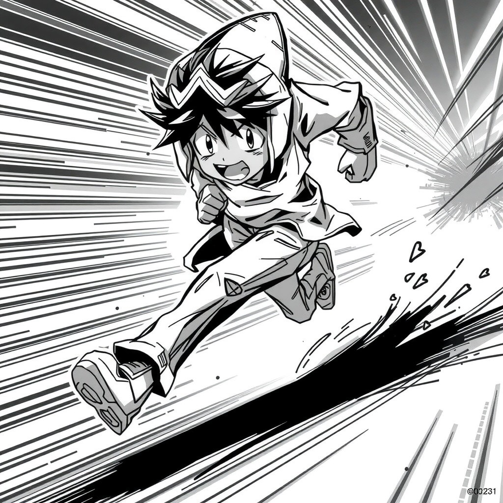 Manga panel style, anime character running with determination, motion blur effects, action lines, monochrome with contrast, dynamic composition